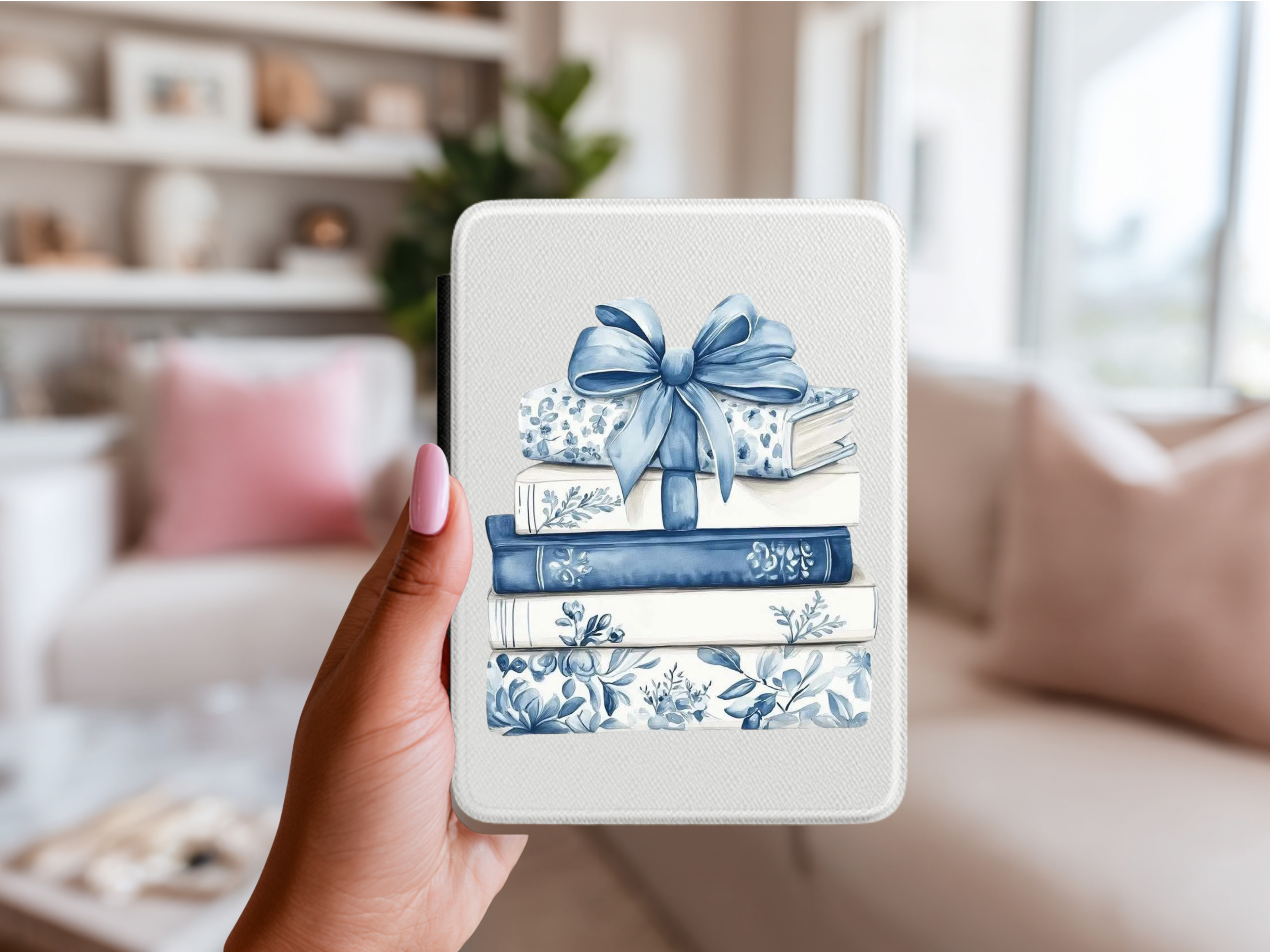 Flowers and Bow Blue Bookstack Kindle Case