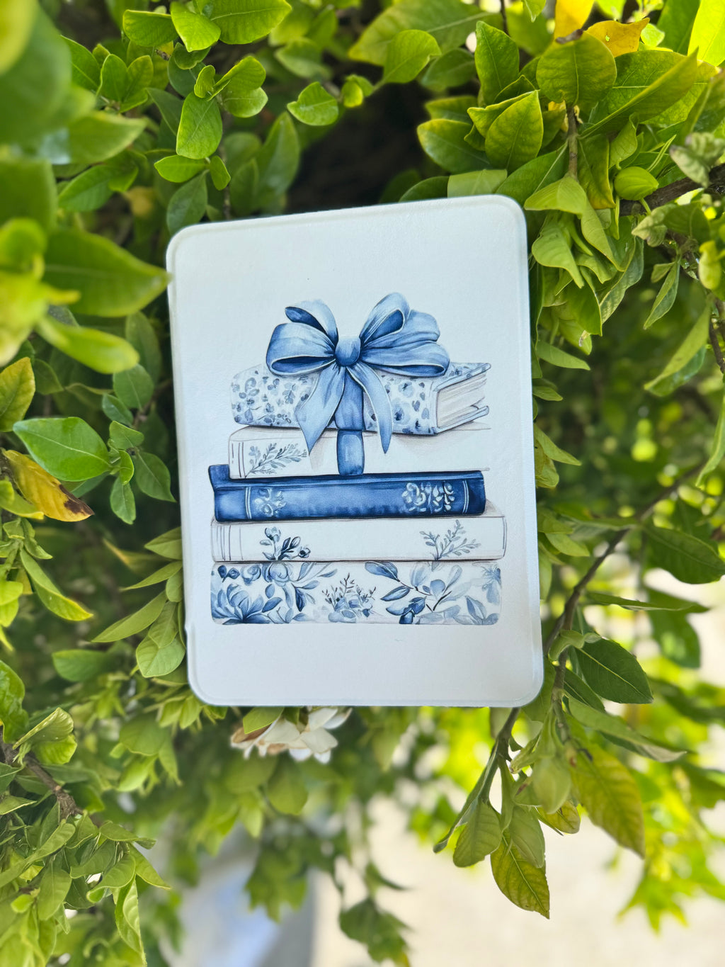 Flowers and Bow Blue Bookstack Kindle Case