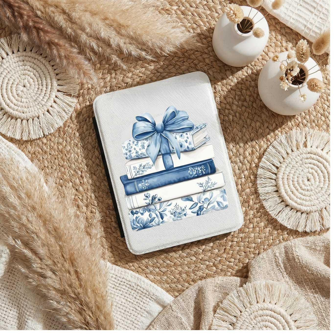 Flowers and Bow Blue Bookstack Kindle Case